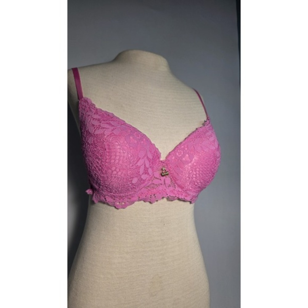 Juicy Couture Padded Pink Lace Bra With Gold JC Cherry‎ Accent 36B